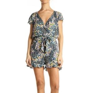 NWT LOFT Floral V Neck Short Sleeve Tie Waist Romper Navy Pink Yellow Size M
